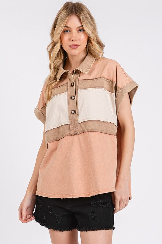 Mittoshop Mineral Washed Half Button Polo Top *