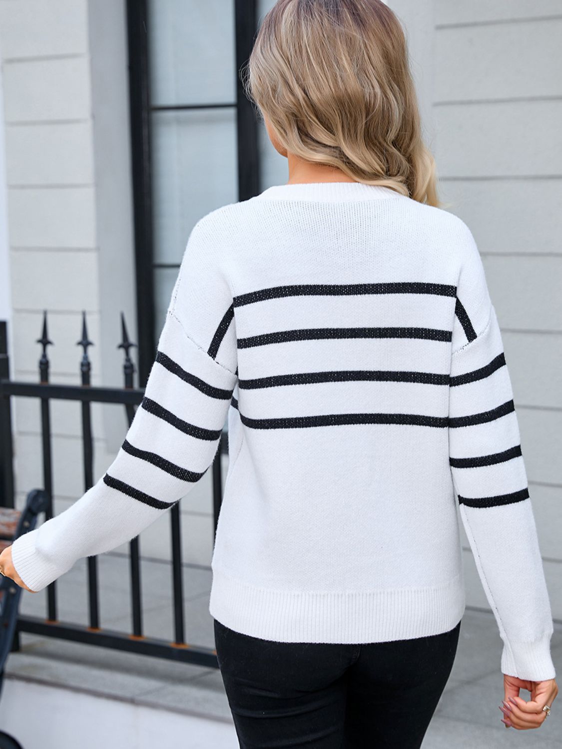 Angel Wings Striped Round Neck Long Sleeve Sweater