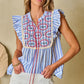 Embroidered Tassel Striped Tie Neck Blouse