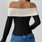 Perfee Bow Contrast Off-Shoulder Long Sleeve Top