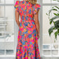 Printed V-Neck Cap Sleeve Pocketed Midi Dress