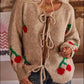 Tied Cherry Round Neck Long Sleeve Cardigan