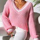 Contrast Trim V-Neck Long Sleeve Sweater