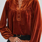 Notched Long Sleeve Velvet Top