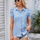 Ruffled Pocketed Collared Neck Cap Sleeve Denim Top