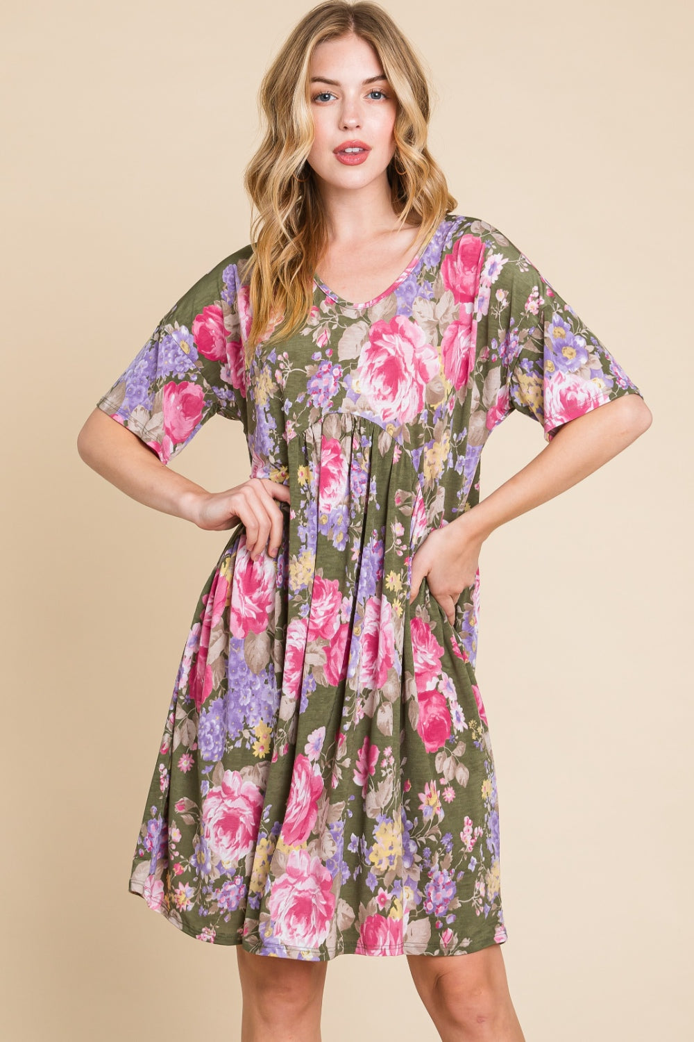 BOMBOM Flower Print V-Neck Ruched Dress *