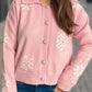 Pearl Trim Collared Neck Long Sleeve Cardigan