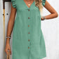 Full Size Button Up V-Neck Cap Sleeve Mini Dress