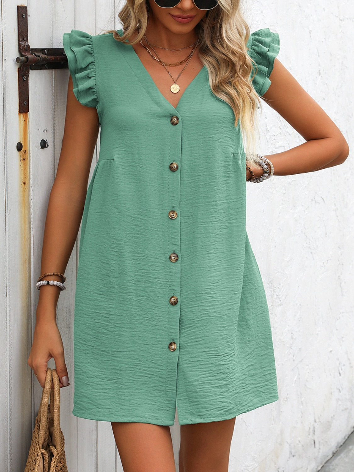 Full Size Button Up V-Neck Cap Sleeve Mini Dress