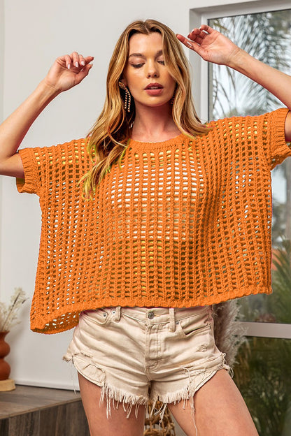 BiBi Hollowed Out Short Sleeve Knit Cover Up - Brand BiBi