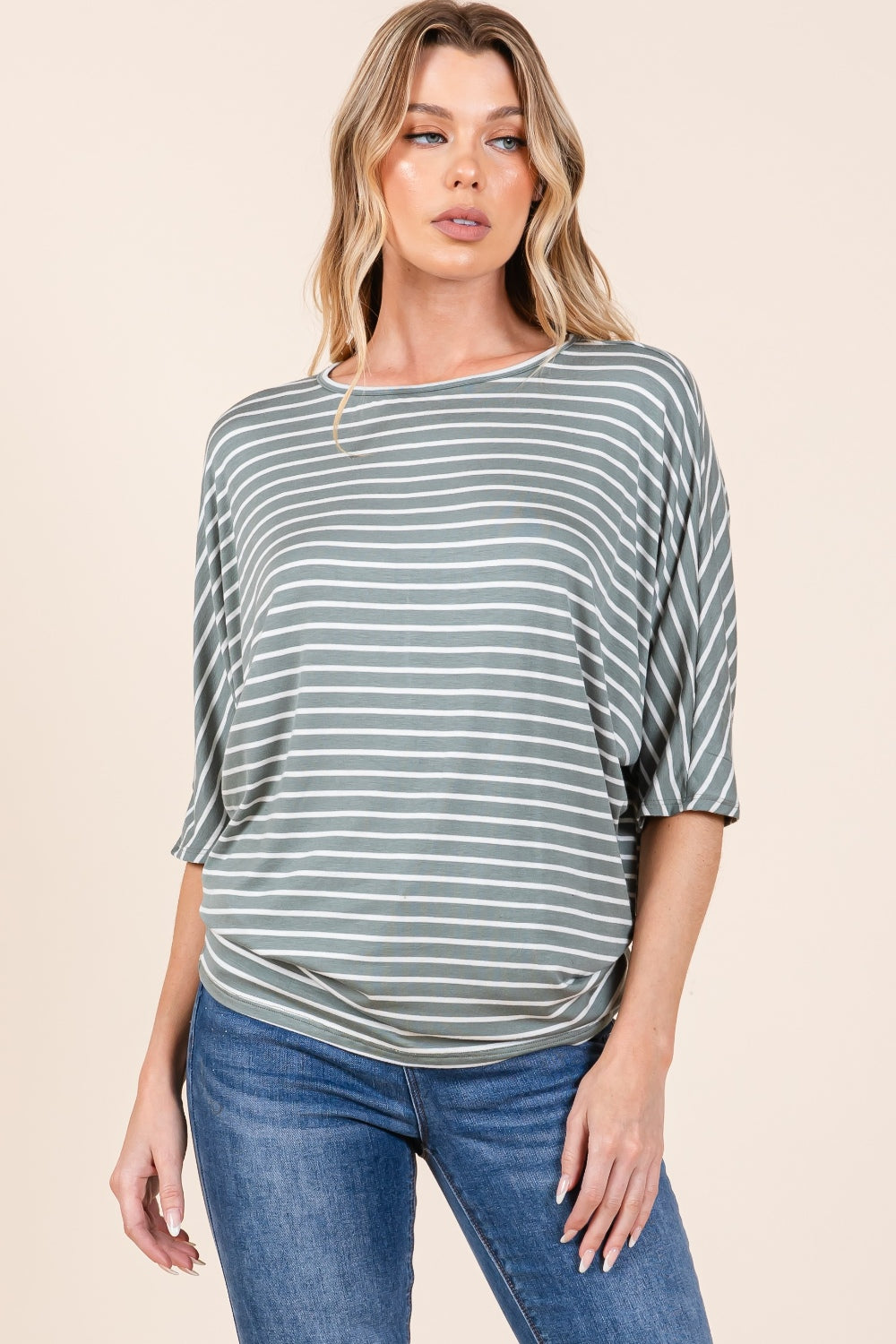 BOMBOM Striped Boat Neck Dolman Sleeve Top *