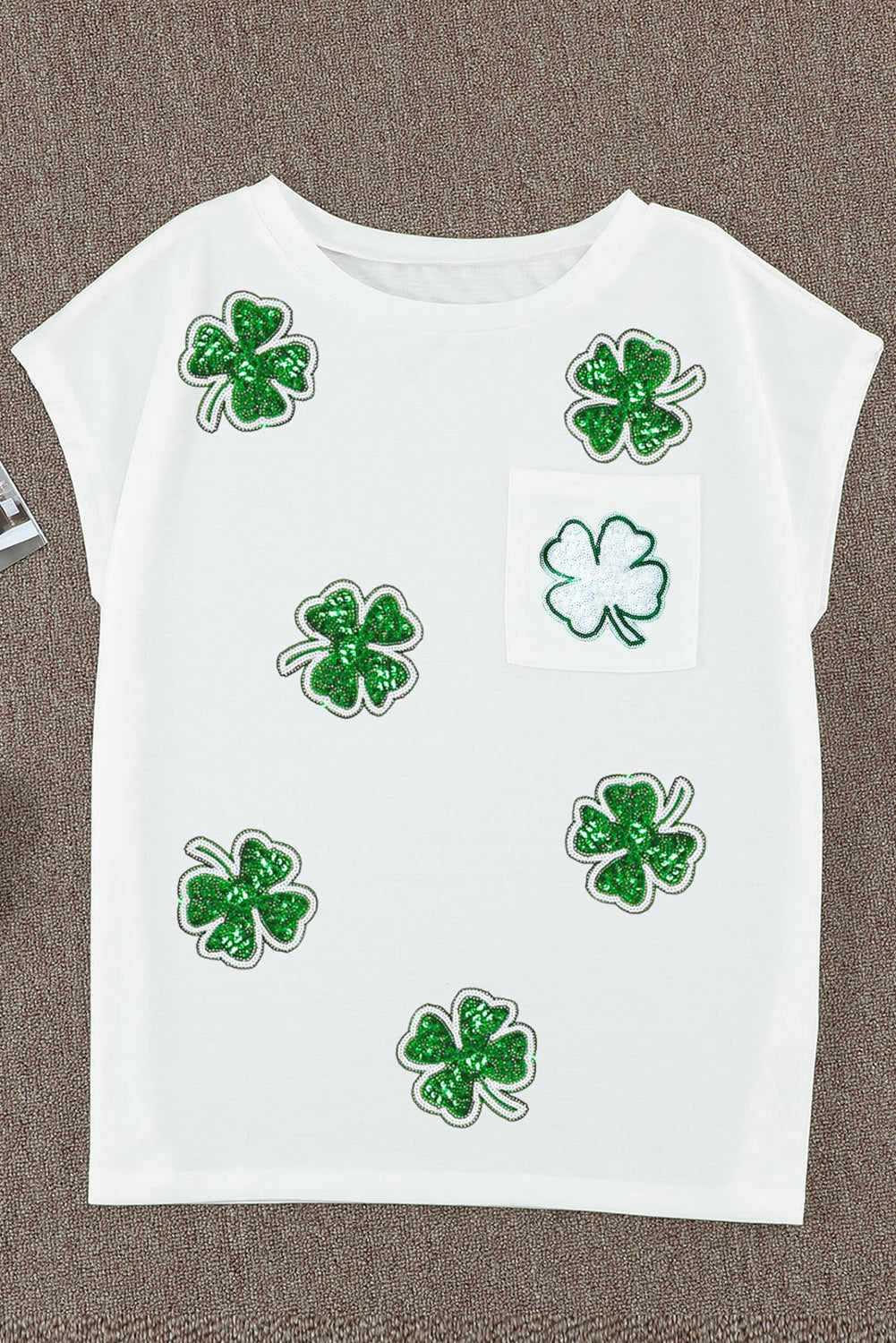 Full Size Sequin Lucky Clover Boat Neck White T-Shirt