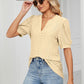 Eyelet Short Puff Sleeve Notched Neck Top