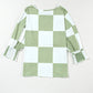 Checkered Round Neck Lantern Sleeve Top