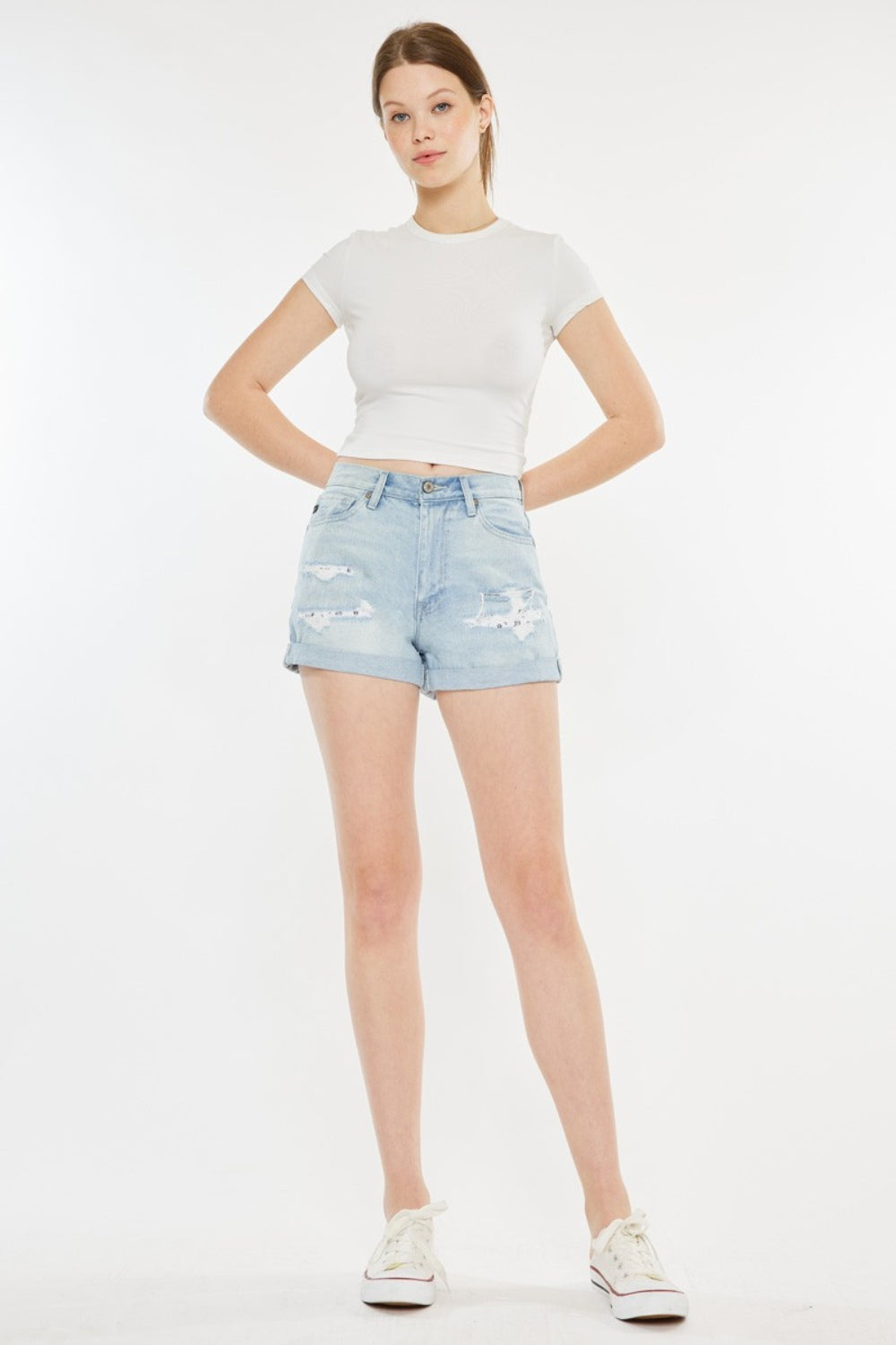 Kancan High Rise Repaired Mom Denim Shorts *