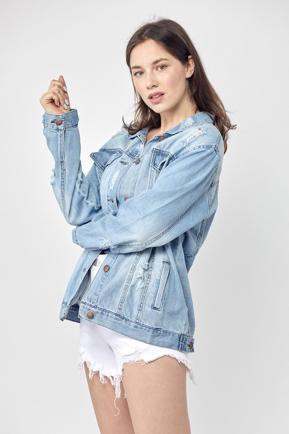 RISEN Full Size Distressed Long Sleeve Denim Jacket *