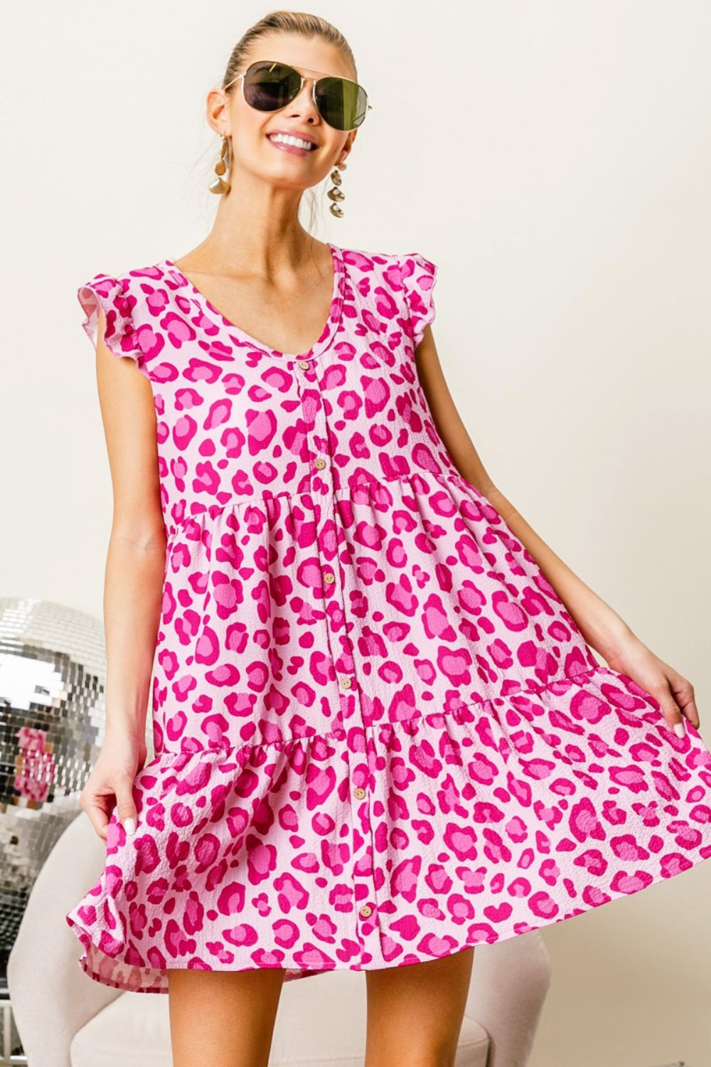 BiBi Leopard Cap Sleeve Tiered Mini Dress - Brand BiBi *