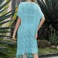 Double Take Eyelet Fringe Hem Longline Knit Cover Up