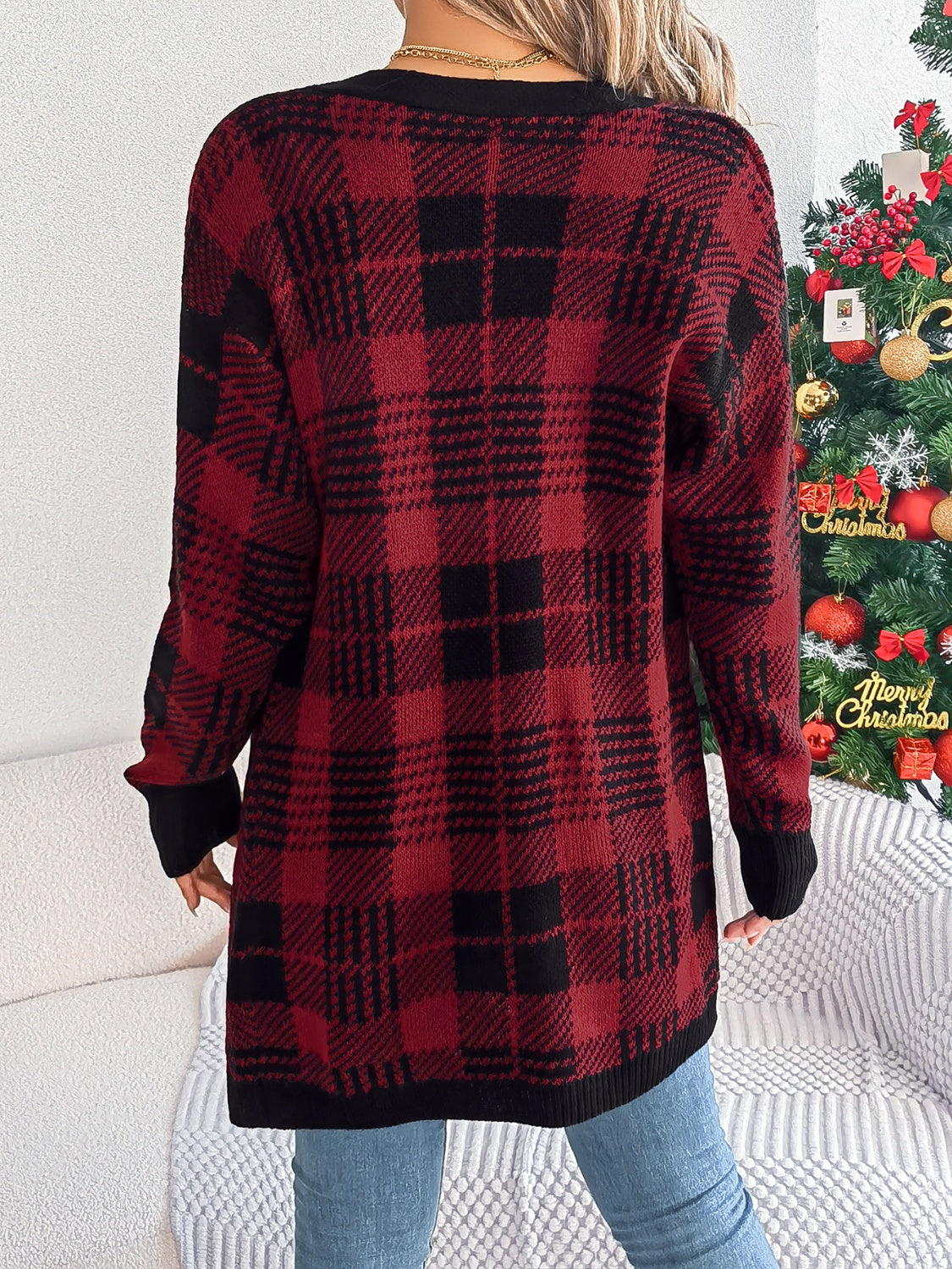 Plaid Open Front Long Sleeve Cardigan