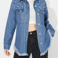 Raw Hem Pearl Trim Collared Neck Denim Top