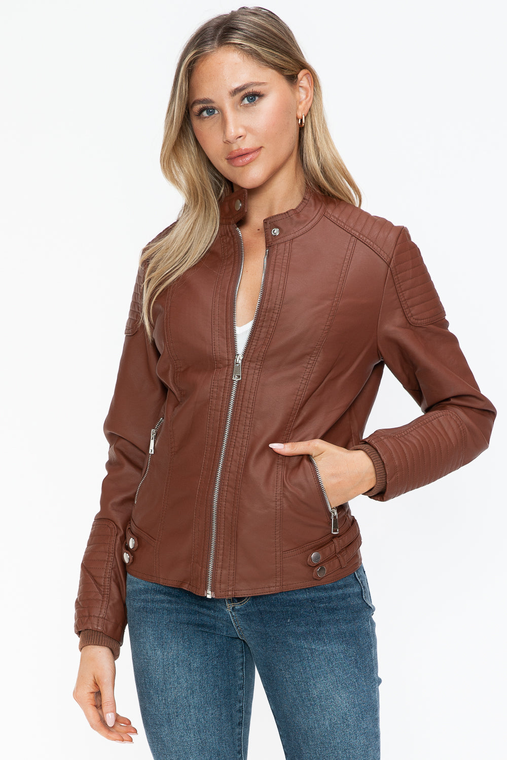 Snobbish Faux Leather Biker Jacket with Side Zip Pockets