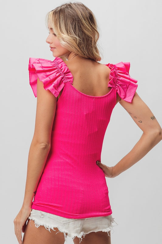 BiBi Ruffled Shoulder Strap Rib Texture Top - Brand BiBi
