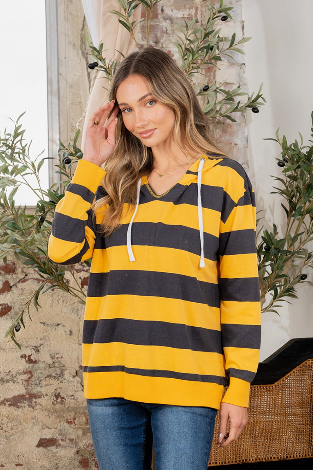 Sew in Love Full Size Drawstring Striped Long Sleeve Hoodie *