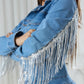 Fringe Half Button Long Sleeve Denim Jumpsuit