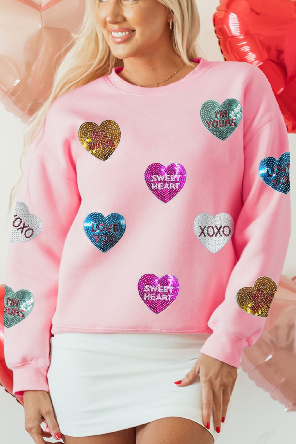 Valentine’s Day Blush Pink Sequin Heart Round Neck Long Sleeve Sweatshirt