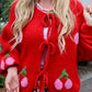 Tied Cherry Round Neck Long Sleeve Cardigan