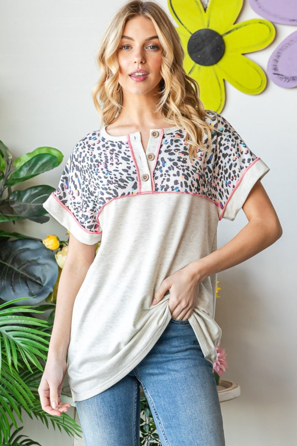 Heimish Full Size Exposed Seam Leopard Short Sleeve T-Shirt *