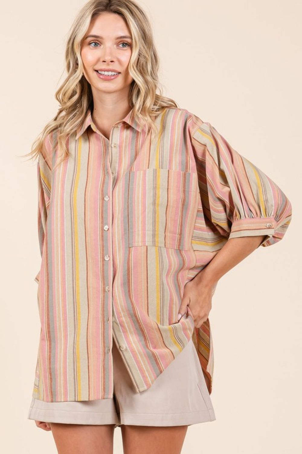 Mittoshop Striped Bubble Sleeve Button Down Shirt *