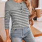 Quarter Button Striped Round Neck Long Sleeve T-Shirt
