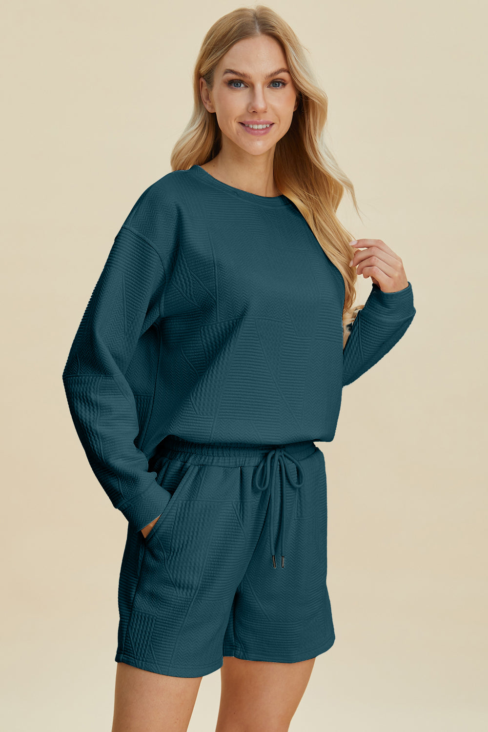 Double Take Full Size Texture Round Neck Long Sleeve Top and Shorts Set *