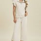 Double Take Full Size Texture Ruffle Short Sleeve Top and Wide Leg Pants Set