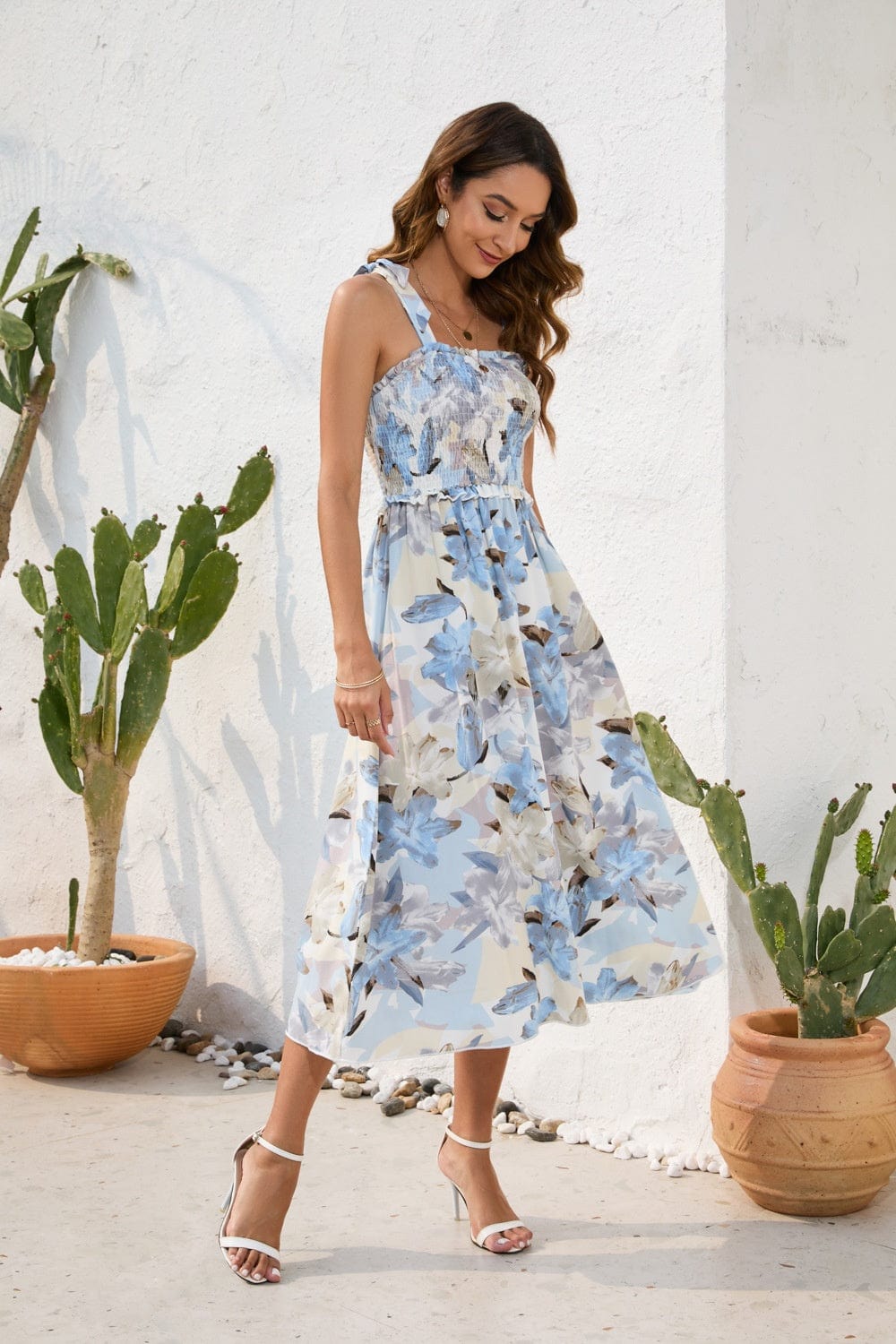 FULL SIZE Smocked Printed Square Neck Midi Dress