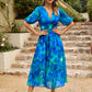 Smocked Printed V-Neck Half Sleeve Midi Dress