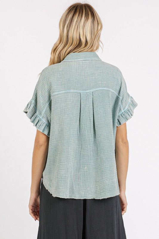 Mittoshop Mineral Washed Button Down Flounce Sleeve Shirt *