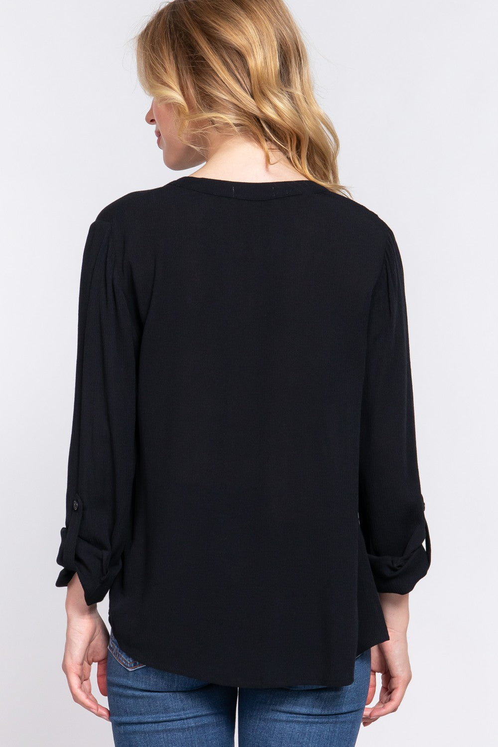 ACTIVE BASIC Full Size Notched Long Sleeve Woven Top *