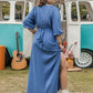 Plus Size Ruched Slit Three-Quarter Sleeve Midi Dress