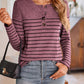Quarter Button Striped Round Neck Long Sleeve T-Shirt