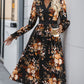 Printed Notched Long Sleeve Midi Dress