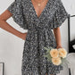 Cutout Ditsy Floral Surplice Flounce Sleeve Dress