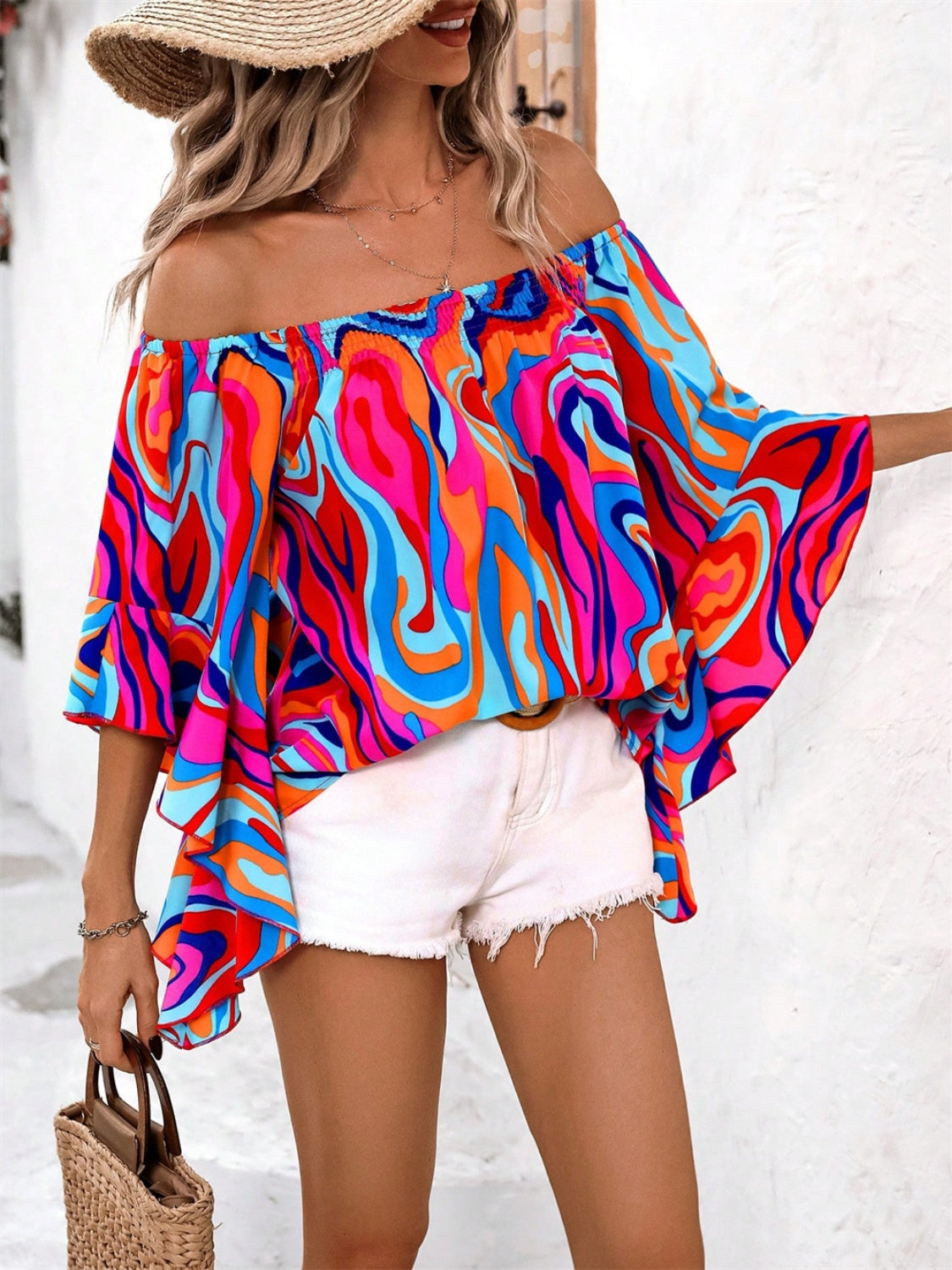 Printed Off-Shoulder Deep Rose Blouse