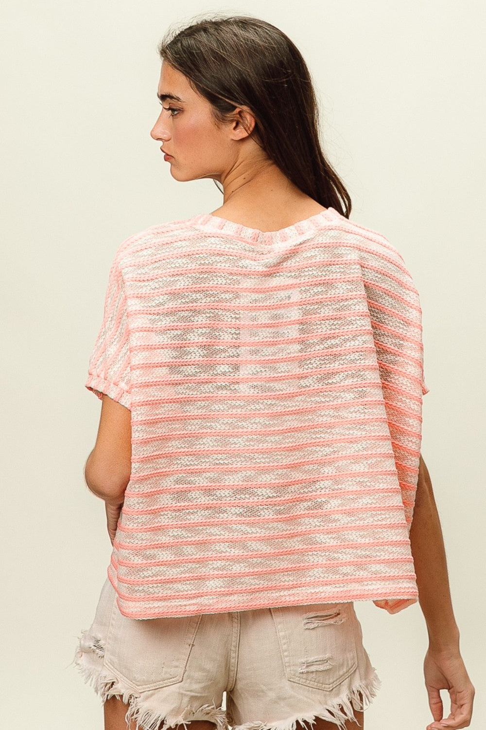 BiBi Braid Striped Short Sleeve Round Neck T-Shirt *