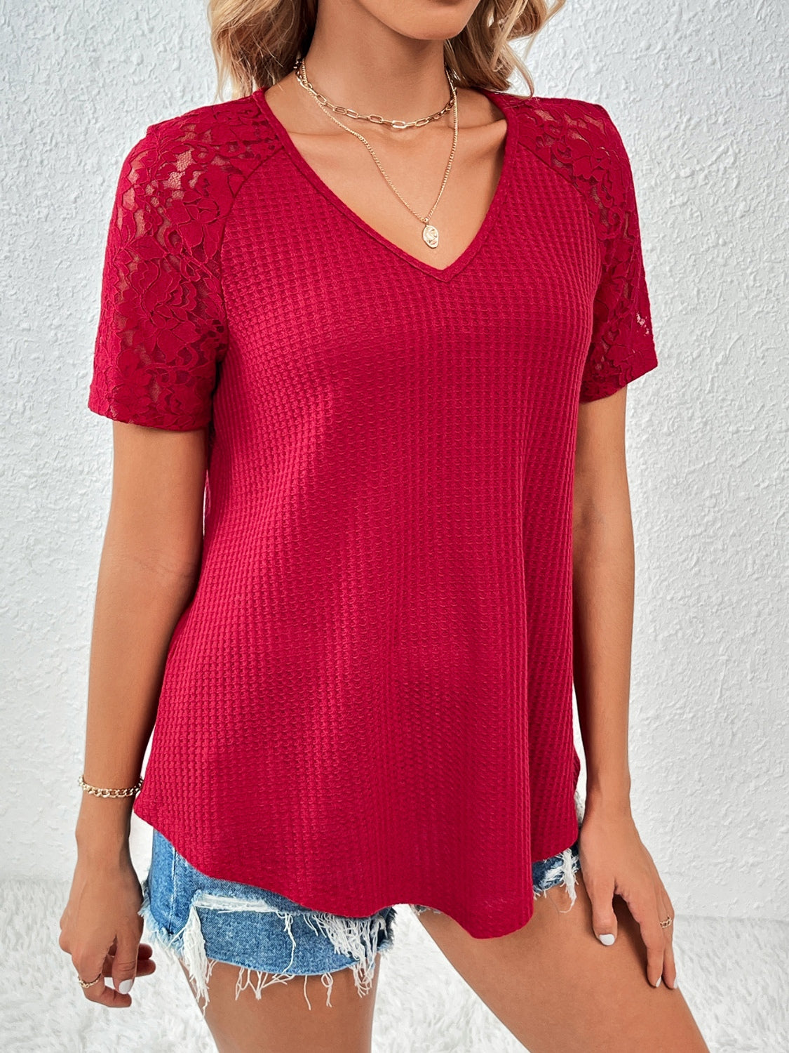 Full Size Lace Detail V-Neck Short Sleeve T-Shirt