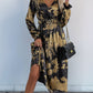 Perfee Printed Surplice Long Sleeve Midi Dress