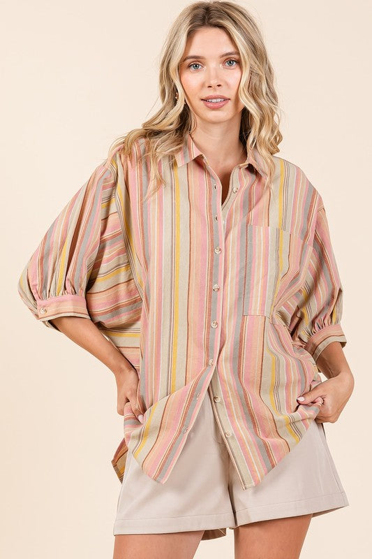 Mittoshop Striped Bubble Sleeve Button Down Shirt *