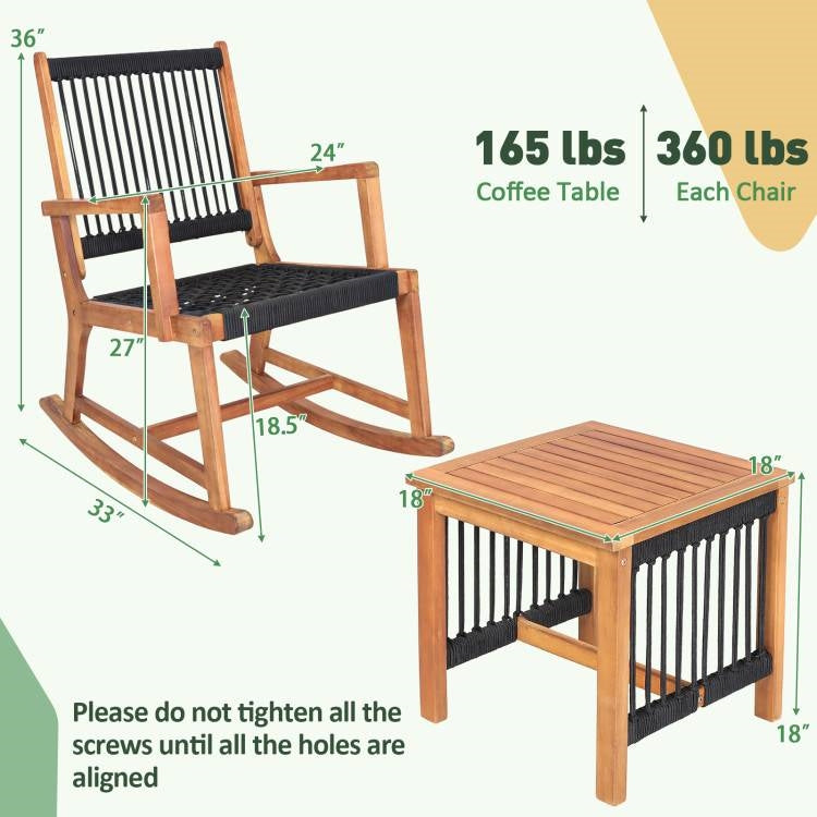 3 Piece Outdoor Wood Patio Furniture Rocking Chair Table Bistro Set *
