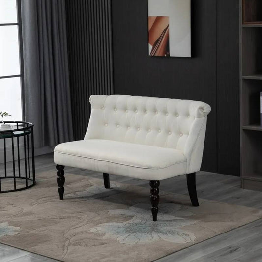 Scandinavian 2 Seater Button Tufted Loveseat Wooden Legs Cream White Linen